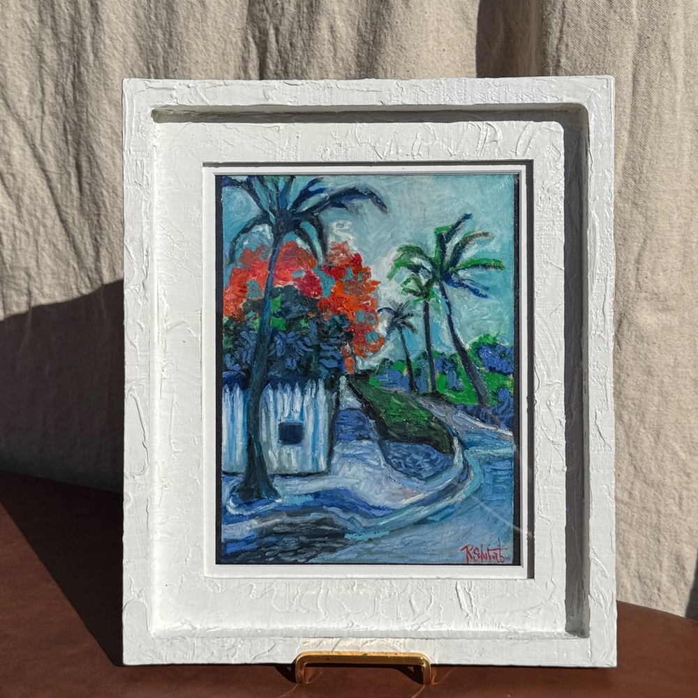 Tropical Painting with White Frame, “Caroline Street” original oil pastel Art